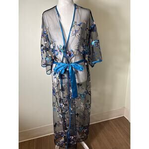 Rya Collection Black Blue Embroidered Sheer Robe Sz XS/S